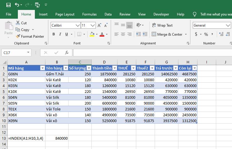 Hàm INDEX trong Excel
